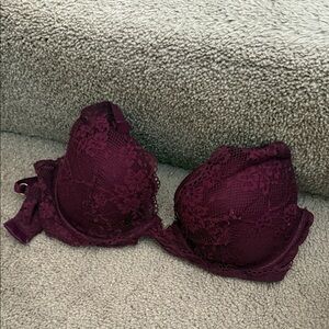 PINK Burgundy Bra Deep V with Gold Details 32DD